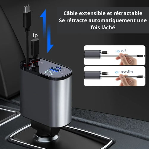 Chargeur de voiture rétractable 4 en 1 filaire 120W, pour iPhone Samsung Xiaomi iPad, câble USB C pour IP/type-c, adaptateur de charge super rapide